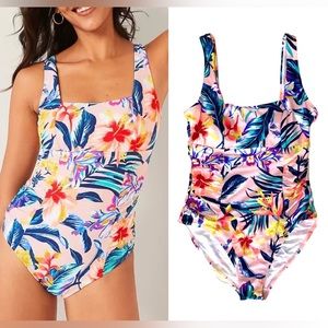 Old Navy Swimsuit Womens Medium Pink Floral Square Neck Bathing Suit Summer Pool